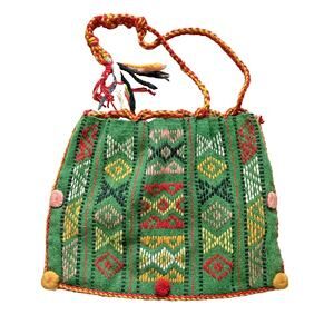 Vintage Wool Backpack Woven BOHO Ethnic Hippie Shoulder Tote Bag Green Handmade